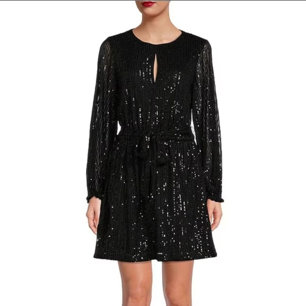 LDT Irma Black Sequin Crew Keyhole Neck Long Sleeve Tie Waist Mini Dress 6 Small